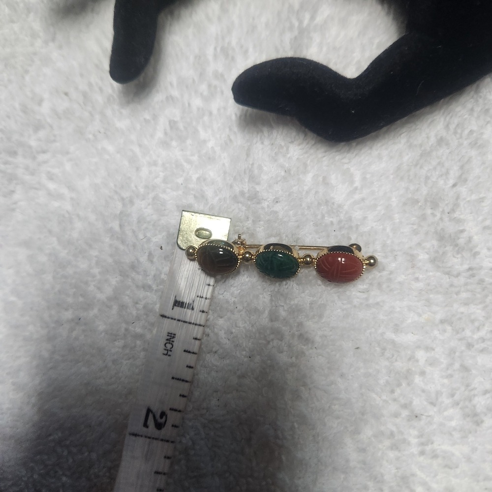 Vintage Gold Tone 3 Stone Scarab Bar Brooch Multi Color Egyptian Revival Pin - Picture 3 of 7
